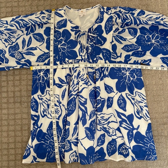 J. Marie Laken Puff Sleeve Tunic Blue White Floral Size Small - Picture 4 of 9